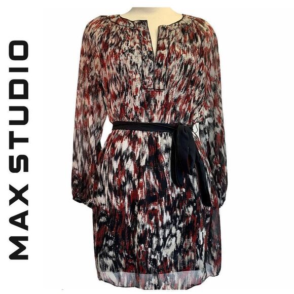 Max Studio red black tan LS dress Sz L - Picture 1 of 11